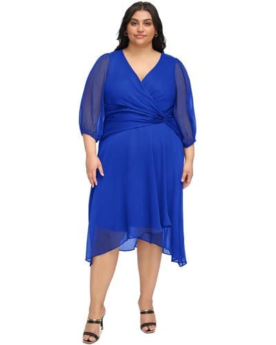 DKNY Plus Size Balloon-sleeve Twist-front Dress - Blue