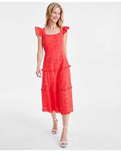 Anne Klein Cotton Scoop-neck Flutter-sleeve Dress - Red