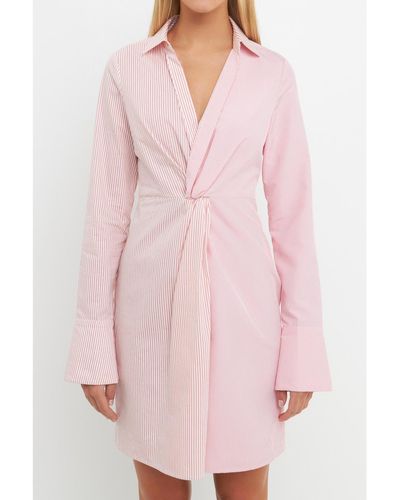 English Factory Striped Combo Twist Front Shirt Dress - Pink