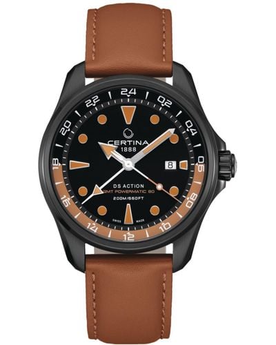 Certina Swiss Automatic Ds Action Gmt Brown Leather Strap Watch 43mm - Black