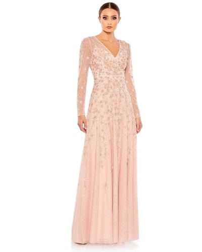 Mac Duggal Embellished Wrap Over Illusion Long Sleeve A Line - Pink