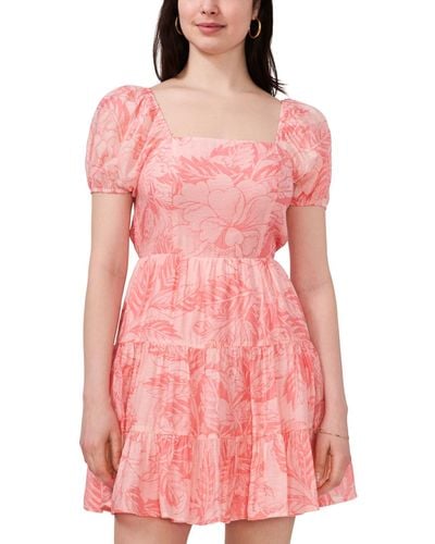 1.STATE Floral Puff-sleeve Fit & Flare Dress - Pink