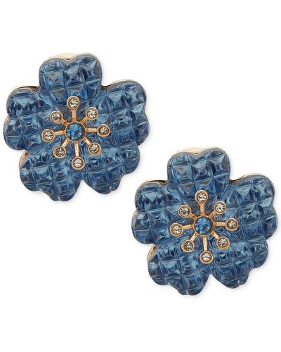 Anne Klein Gold-tone Pave & Crystal Flower Clip-on Button Earrings - Blue