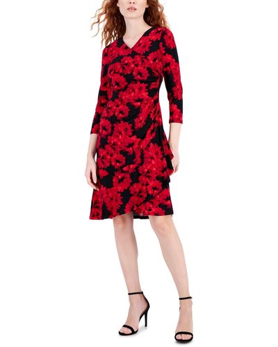 Ak Anne Klein Petite 3/4-sleeve Printed Faux-wrap Dress - Red