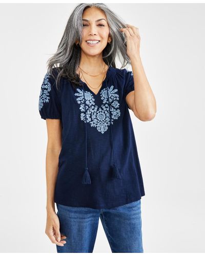Style & Co. Petite Vacay Embroidered Tassel-tie Top - Blue