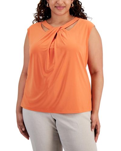 Kasper Plus Size Twist-neck Sleeveless Blouse - Orange