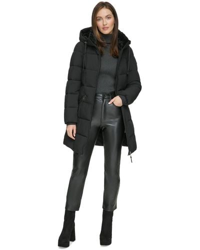 DKNY Faux-fur-trim Hooded Puffer Coat - Black