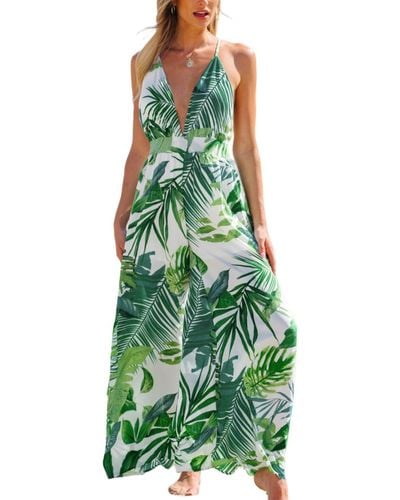 CUPSHE Tropical Plunging Sleeveless Wide Leg Jumpsuit - Green