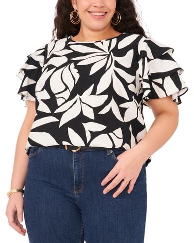 Vince Camuto Plus Size Printed Tiered-ruffle-sleeve Top - Blue