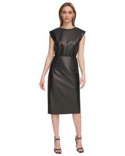 Calvin Klein Faux Leather Cap Sleeve Top Midi Skirt - Black
