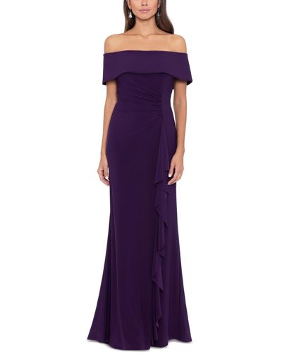 Xscape Off-the-shoulder Side-ruched Ruffled Gown - Purple