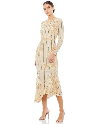 Mac Duggal Long Sleeve Tea Length Dress - Natural