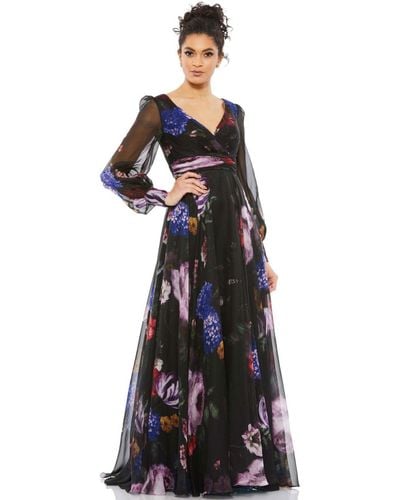 Mac Duggal Floral Print Chiffon Long Sleeve Maxi Dress - Black
