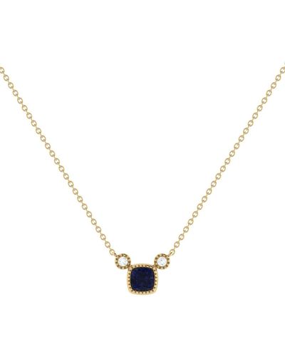 LuvMyJewelry Cushion Sapphire Gemstone Round Natural Diamond 14k Gold Birthstone Necklace - Metallic