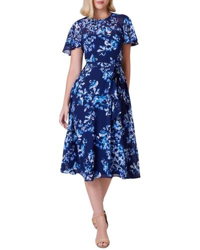 Jessica Howard Belted Floral Chiffon Midi Dress - Blue