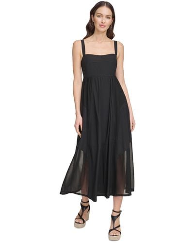 DKNY Solid Square-neck Sleeveless Chiffon Dress - Black