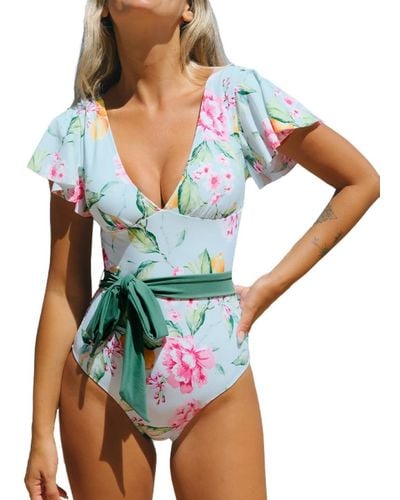 CUPSHE V Neck Ruffle One Piece Swimsuit Tropical Floral Bathing Suit - Blue