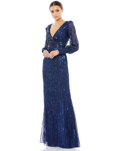 Mac Duggal Sequined Wrap Over Bishop Sleeve Gown - Blue