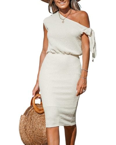 CUPSHE Khaki Waffle Knit Off-shoulder Midi Cover Up Dress - Multicolor