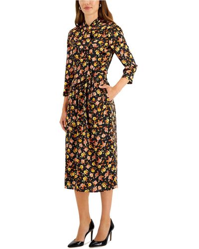 Tahari Floral-print Bow-neck Blouse & Midi Skirt - Metallic