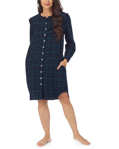 Lanz of Salzburg Cotton Flannel Short Button Front Sleepshirt Nightgown - Blue