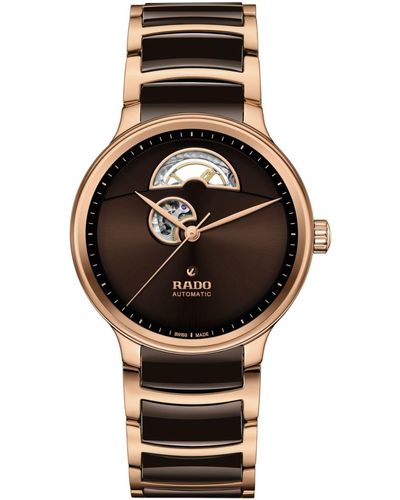 Rado Swiss Automatic Centrix Open Heart Brown Ceramic & Rose Gold Pvd Stainless Steel Bracelet Watch 40mm - Black