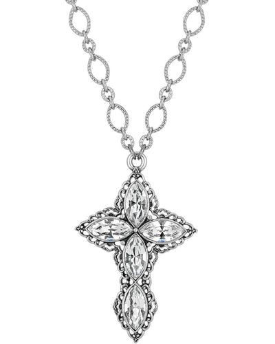 2028 Pewter Crystal Diamond Shaped Stones Cross 24" Necklace - White