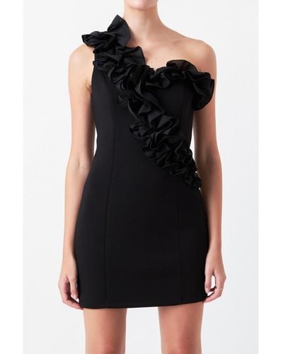 Endless Rose Asymmetrical Ruffle Stretch Mini Dress - Black