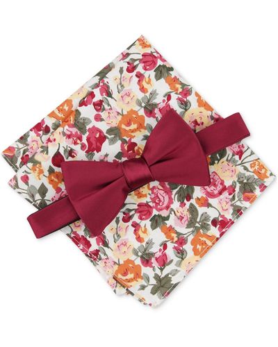 BarIII Logan Solid Bow Tie & Floral Pocket Square Set - Red