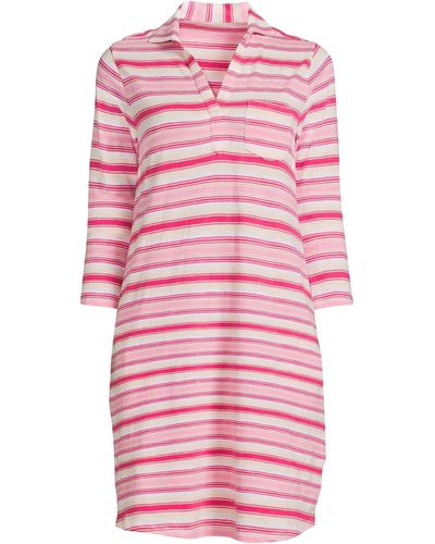 Lands' End Cotton Slub 3/4 Sleeve Polo Dress - Pink