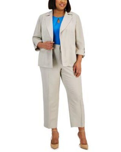 Kasper Plus Size Linen Blend Jacket Keyhole Camisole Pants - Blue