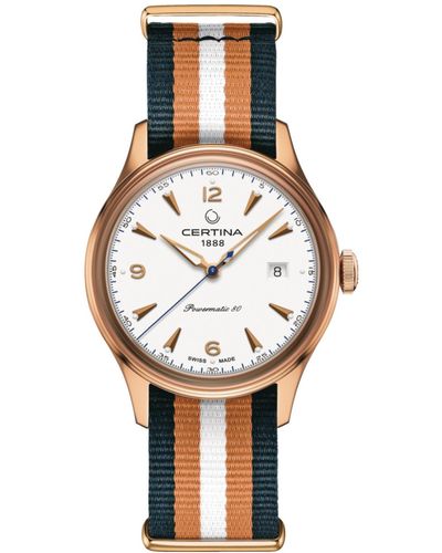 Certina Swiss Automatic Ds Blue & Orange Stripe Synthetic Strap Watch 41mm - White