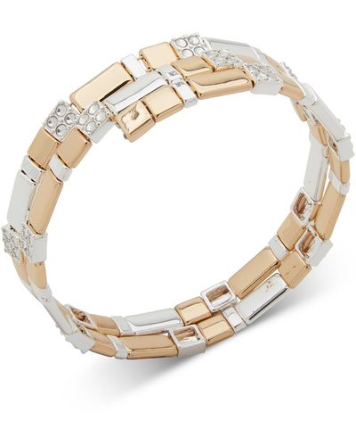 Anne Klein Two-tone Pave Square Beaded Stretch Coil Bracelet - Metallic