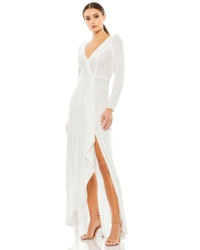 Mac Duggal Ieena Sequined Faux Wrap Long Sleeve Gown - White