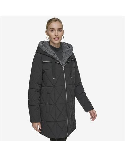 Andrew Marc Islee Quilted 's Puffer Coat With Popcorn Sherpa Trimming And Removable Hooded Bib - Black