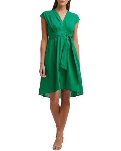 Kensie Cotton V-neck A-line Tie-waist Dress - Green