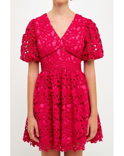 Endless Rose Crochet Lace Puff Sleeve Mini Dress - Red