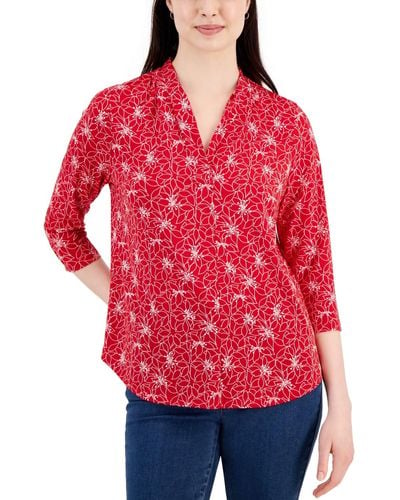 Charter Club Printed Pleated V-neck Knit Top - Red