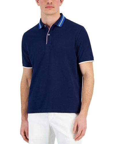 Club Room Short Sleeve Striped-collar Pique Polo Shirt - Blue