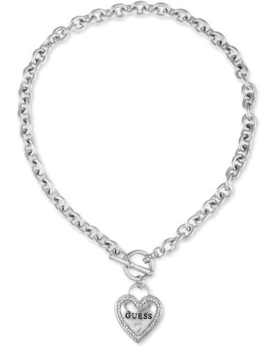 Guess My Sparkly Valentine Logo Heart Pendant 17" toggle Necklace - Metallic