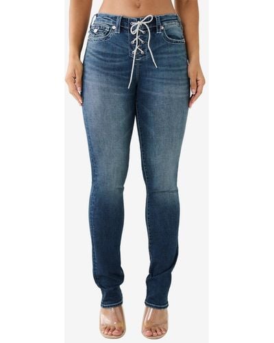 True Religion Billie Lace Up Crystal Flap Straight Jeans - Blue