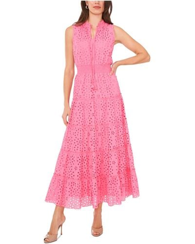1.STATE Eyelet Embroidered Cotton Sleeveless Split Neck Maxi Dress - Pink
