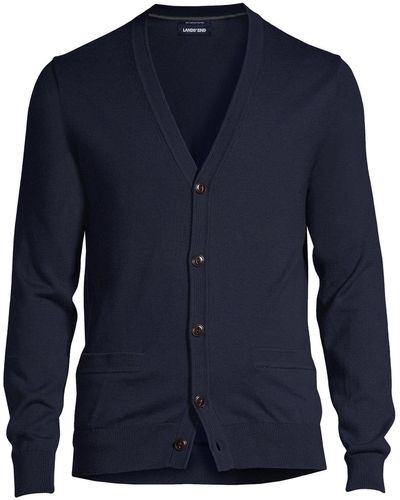Lands' End Fine Gauge Cotton V-neck Cardigan Sweater - Blue
