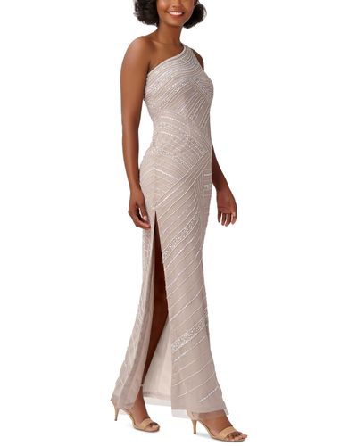 Adrianna Papell Petite Beaded One-shoulder Gown - Natural