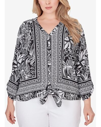 Ruby Rd. Plus Size Woodblock Woven Top - Black