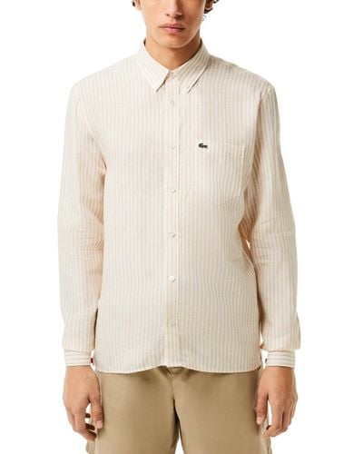 Lacoste Long Sleeve Striped Button-down Linen Sht - Natural