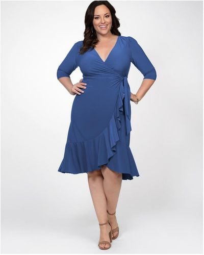 Kiyonna Plus Size Whimsy Ruffled Midi Wrap Dress - Blue