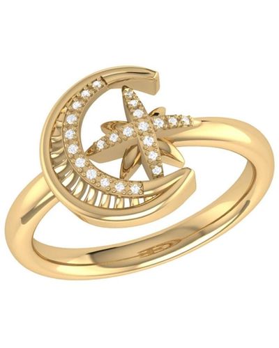 LuvMyJewelry Moon Cradled Star Design Sterling Silver Diamond Ring - Metallic