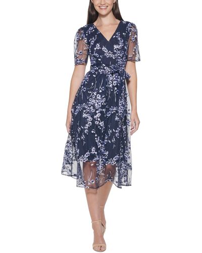 Kensie Faux-wrap Embroidery Midi Dress - Blue