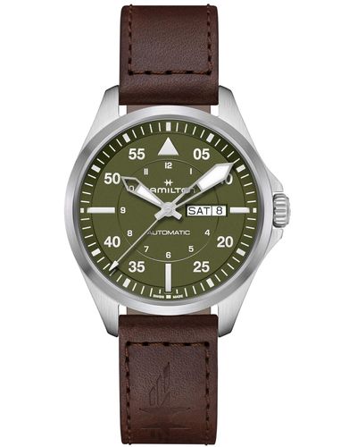 Hamilton Swiss Automatic Khaki Aviation Day Date Leather Strap Watch 42mm - Green